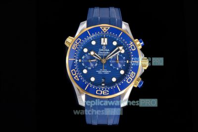 Top Replica Omega Seamaster 300M Blue Chrono 44MM Watch Yellow Gold